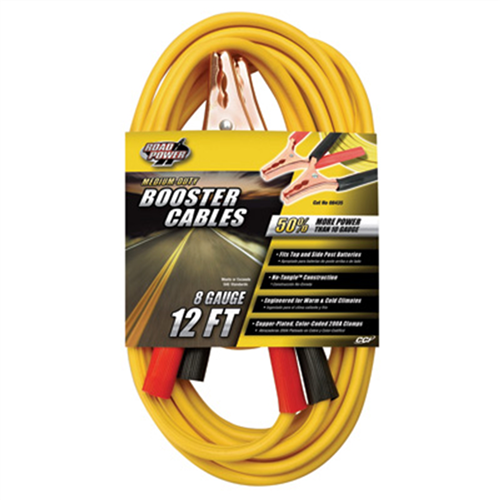 Medium Duty Battery Booster Cables, 12 Foot, 8 Gauge, with 200 Amp Clamps