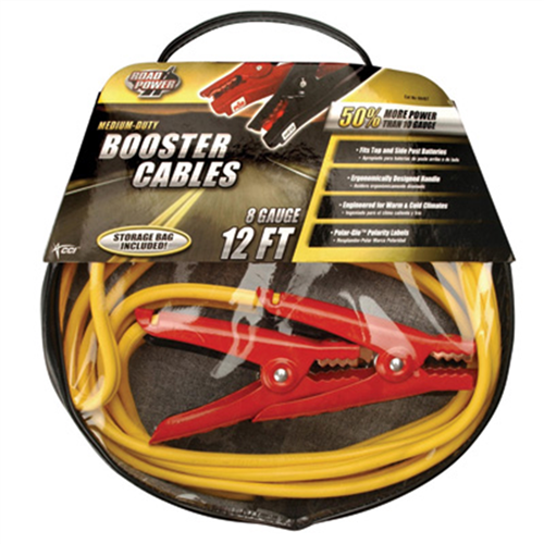 Medium Duty Battery Booster Cables, 12 Foot, 8 Gauge, with 400 Amp Clamps
