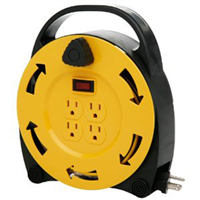Incandescent Work Light Reel, with Metal Housing, 14/3 25' Cord, Outlet in Handle, Metal Cage