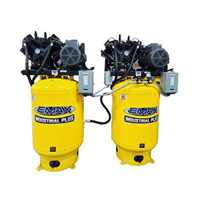 EMAX ESP10A120V1</br>Two EMAX 10HP 1ph 120 Gallon Vertical Solo Mounted Alternating Silent Air compressors-w/Pressure Lubricated pumps