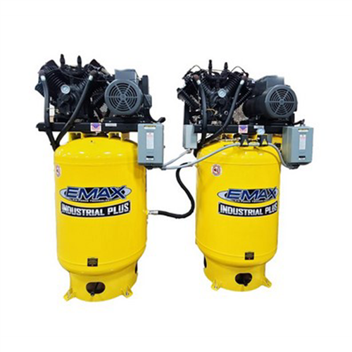 Two EMAX  10HP 1ph 120 Gallon Vertical Solo Mounted Alternating Silent Air compressors-w/Pressure Lubricated pumps