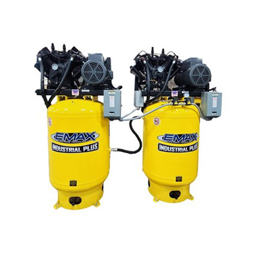Two EMAX  10HP 3ph 120 Gallon Vertical Solo Mounted Alternating Silent Air compressors-w/Pressure Lubricated pumps