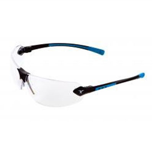 Veratti 429 Safety Glasses - Black/Blue Frames with Clear Lens and ScratchCoating in Clamshell