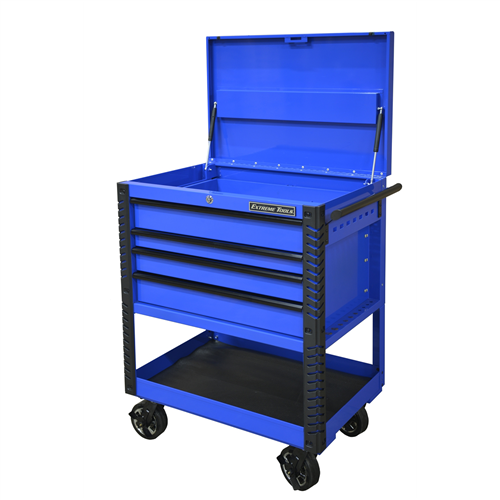 33â€ 4 Drwr Deluxe Tool Cart w Bumpers, Blue w/Black Quick Release Drwr Pulls