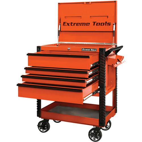 33â€ 4 Drwr Deluxe Tool Cart w/Bumpers, Orange w/Black Quick Release Drwr Pulls