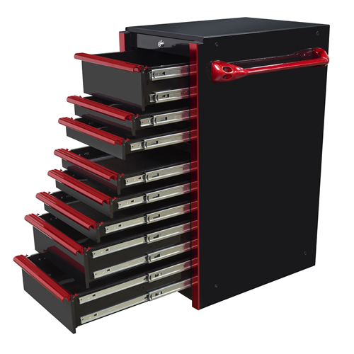 19in 8-Drawer Side Box, Black-Red Handles - Tool Storage