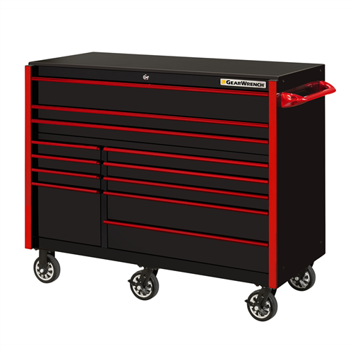 55in 12-Drawer Roller Cabinet, Black-Red Handles - Tool Storage