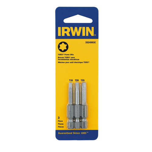 Power Bit Set, 3 Piece, T15, T20 and T25 Torx, 1-15/16" Long, 1/4" Hex Shank with Groove, Carded