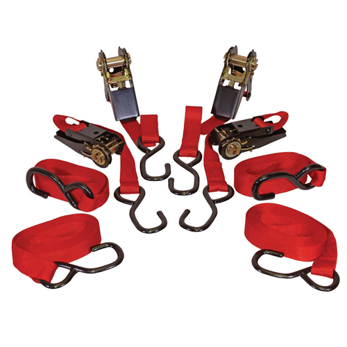 4-pk of 1" x 15' Ratcheting Tie Down Straps with PVC coated hooks at 900 lb. Capacity