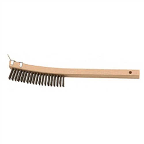 Wire Scratch Brush, with Scraper End, 3 x 19 Row Curved Bristles, 14" Overall Length, Wooden Handle