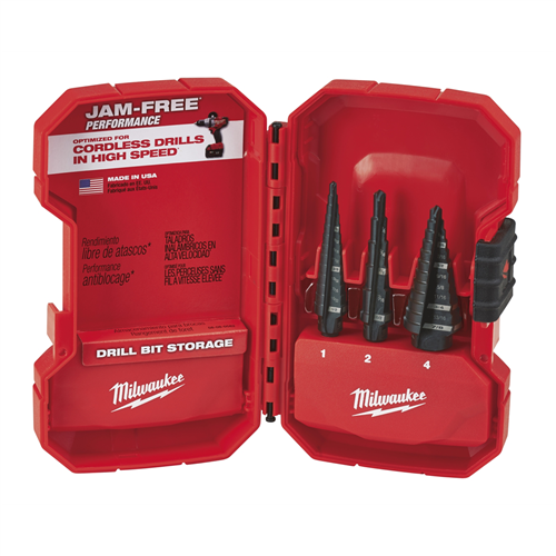 MilwaukeeÂ® 3-Piece Step Drill Bit Set (#1, #2, #4), Dual-Flute Step Bits