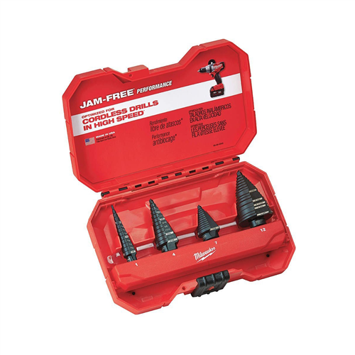 MilwaukeeÂ® 4-Piece JAM-FREE Step Drill Bits #1, #4, #7, #12 Set