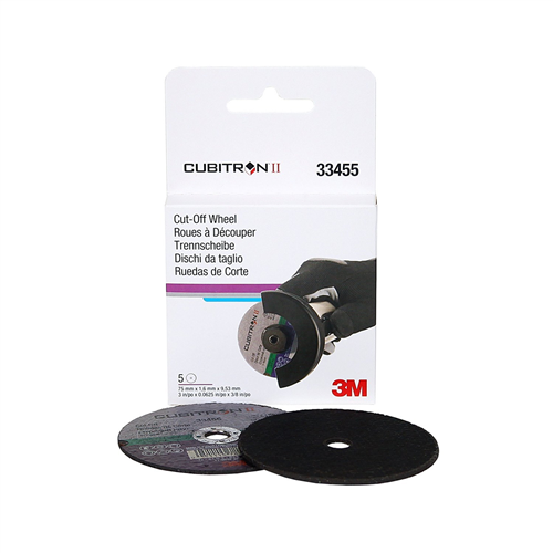 3M Cubitron II Cut-Off Wheel, 33455, 75 mm x 1.6 mm x 9.53 mm (3 in x .0625 in x 3/8 in), 5 wheels per carton, 6 cartons per case