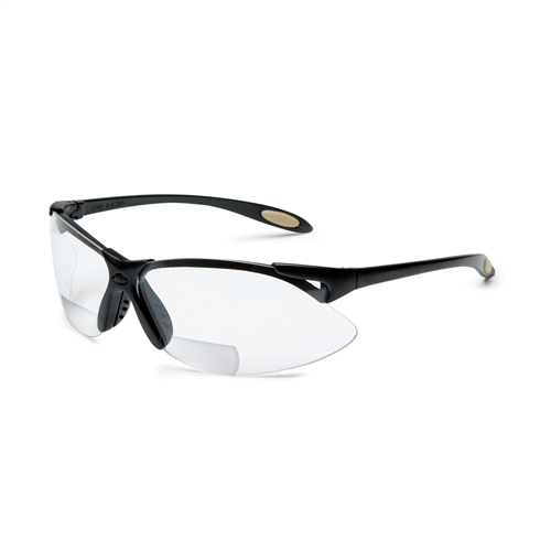 Safety Glasses, Bi-Focal Readers, +2.50, Sporty Black Frame, Wraparound Clear Hardcoat Lens
