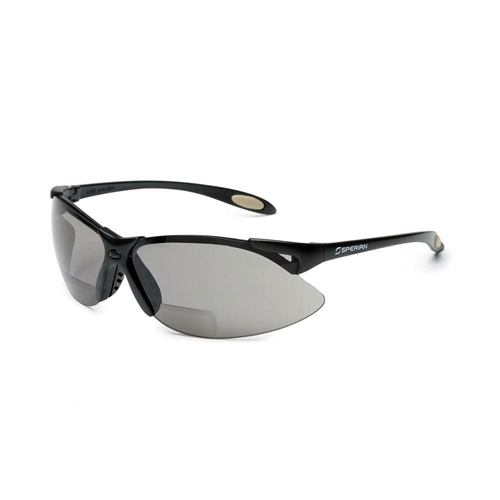 Safety Glasses, Bi-Focal Readers, +2.50, Sporty Black Frame, Wraparound TSR Gray Hardcoat Lens