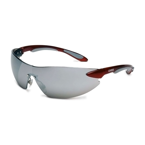 Safety Glasses, Ignite, Metallic Red and Silver Frame, Silver Mirror Hardcoat Lens, Cushioned Temple