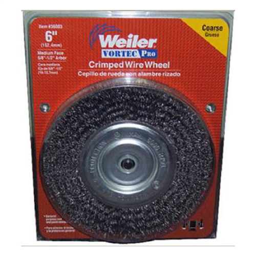 Bench Grinder Wire Wheel, 6" Diameter, Coarse Crimped Wire, Medium Face, 5/8" to 1/2" Arbor