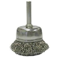 Wire Cup Brush, 2" Diameter, Coarse Crimped Wire, 1/4" Round Stem, 13,000 RPM Max