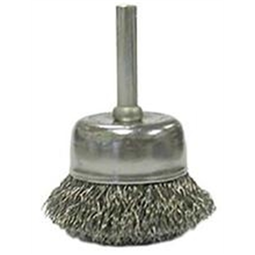 Wire Cup Brush, 2" Diameter, Coarse Crimped Wire, 1/4" Round Stem, 13,000 RPM Max