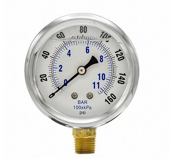 Spectrapure Wet Pressure Guage, 160 PSI, 2" Dia, 1/4 NPT Bottom Port