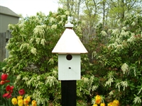 Our Post Mount Cabin Bird House is lovely sitting on top of a post in your garden. The copper roof adds to the beauty. Will patina over time