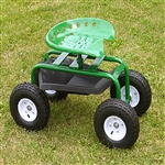 Garden scoot with tractor seat and pneumatic wheels.