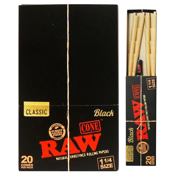 CP-155 RAW Classic Cones Black | 1 1/4 Size | 20 Cones Per Pack | 12 Packs