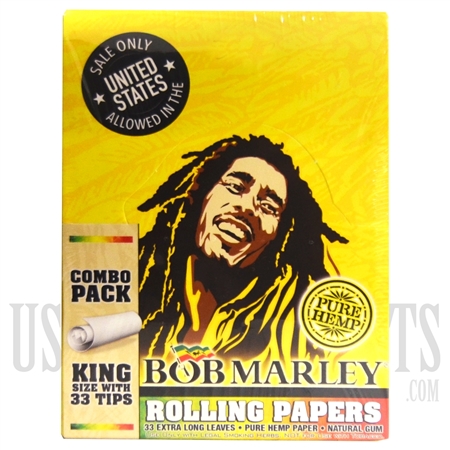 CP19 Bob Marley Rolling Papers | King Size + 33 Tips | Combo Pack | Pure Hemp Papers | Long Leaves | 24 Booklets