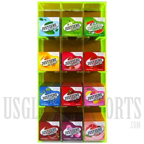 EC-1031 JUSTZERO Flavor Pop Display. Flavored Mouth tips. Tobacco & Nicotine Free. 120 Count. 12 Flavors. 10 Packs each Flavor. 4 Per Pack