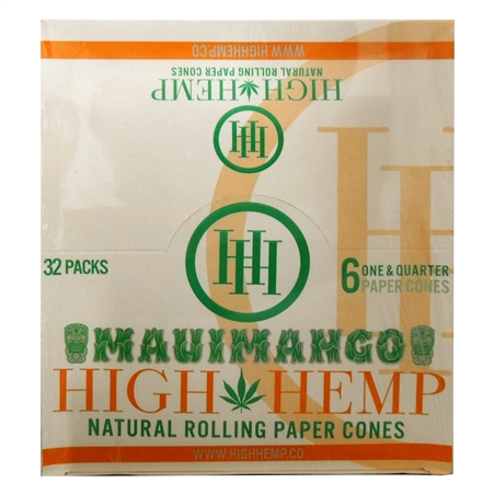 HH-006-MM High Hemp Natural Rolling Cones | 32 Packs | 6 One & Quarter Paper Cones | Maui Mango