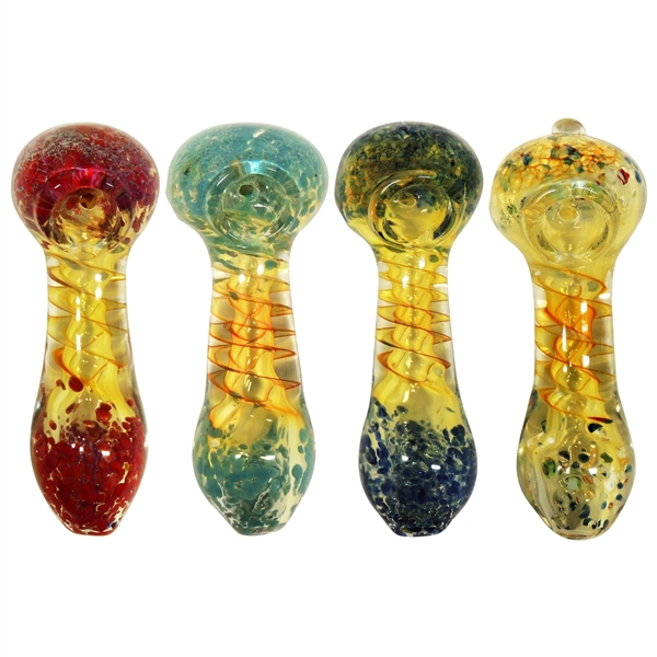 HP-2328 3.5" Glass Hand Pipe | Yellow Tint Spiral Handle Marble Tips | Colors Come Assorted