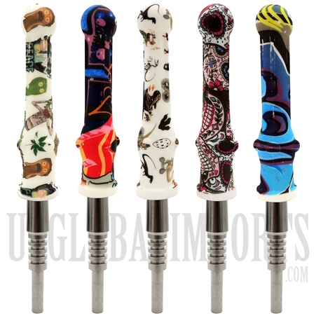 HS-39 7" Silicone Nectar Collector + Titanium Nail + Colorful Graphics | 5 Assorted Designs