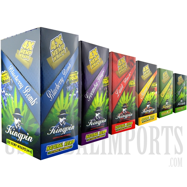 HW-114 Kingpin Hemp Wraps | No Tobacco | 100 Hemp Wraps | 25 Packs | 4 Wraps in a Pack | 6 Flavor Choices