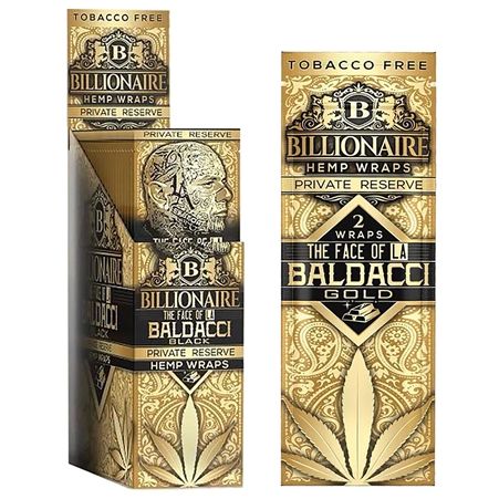 HW-BW-101-LAG Billionaire Hemp Wraps | 2 Wraps | 25 Packs | The Face Of LA Baldacci Gold