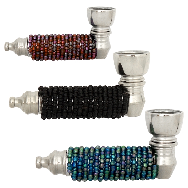 MP-0109 3" Plain Beads Metal Hand Pipe | Colors Come Assorted