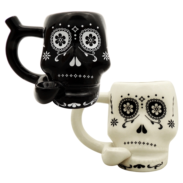 MUG-43 4.75" Ceramic Candy Skull Mug Hand Pipe | 2 Color Choices