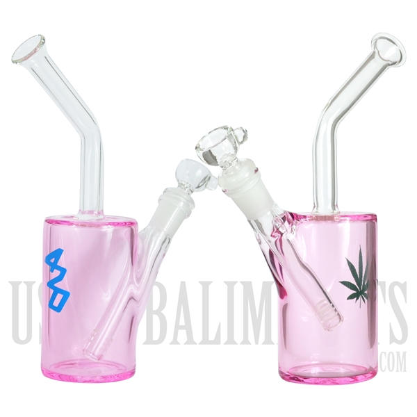 WP-1813 9" Pink Tint Glass Water Pipe + Bent Neck + Decal