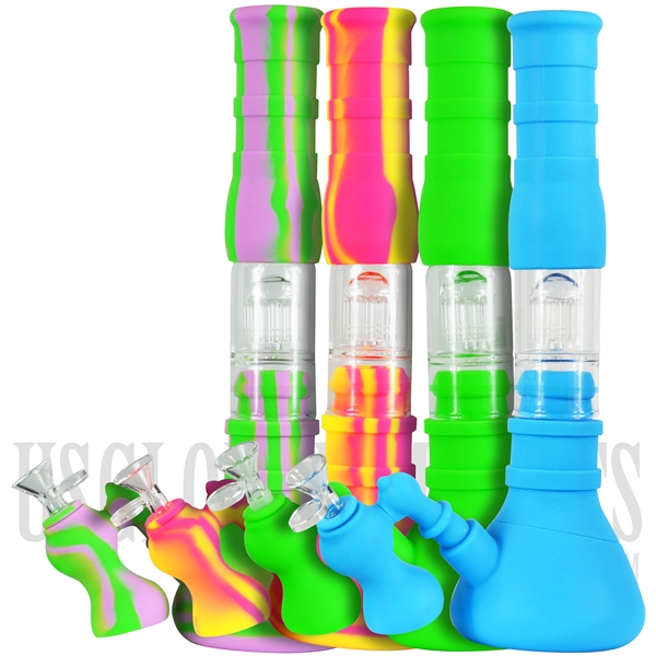 WP-1874 15" Silicone 3-in-1 Water Pipe + Ash Catcher + Bubbler + 8 Arm Tree Perc + Ice Catcher. Color Choices