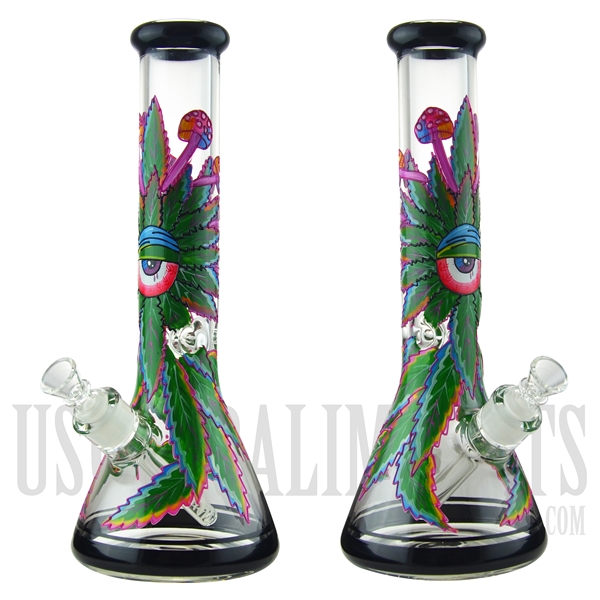 WP-1933 13.5" Glass Water Pipe + Beaker Base + Ice Catcher + All Seeing Marijuana Plant