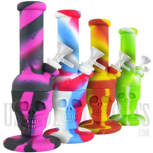 WP-1945 8.25" Silicone Water Pipe + Skull Head + Glass Bowl. Many Colors