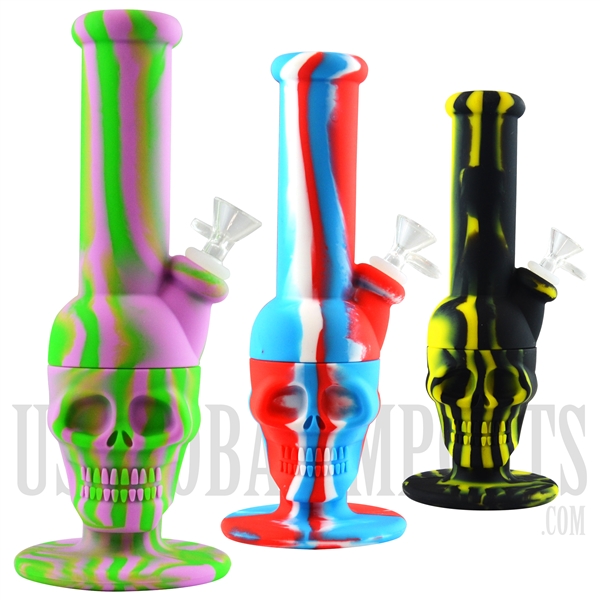 WP-1973 12" Silicone Water Pipe + Skull Head + Glass Bowl. 3 Colors Choices