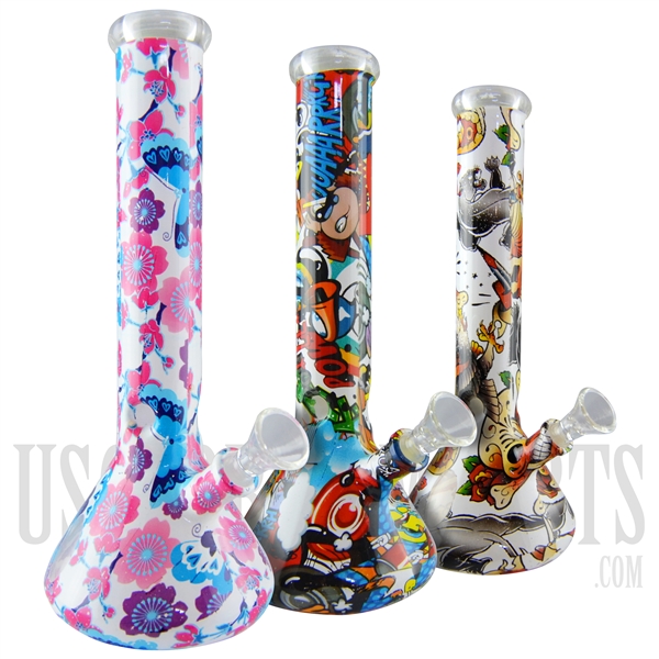 WP-2037 Glass Water Pipe | Decal Design Throughout | Ice Catcher | Beaker | Assorted Designs | 10"