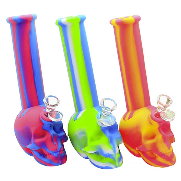 WP-2063 8.5" Silicone Water Pipe + Skull Head + Glass Bowl | Many Colors
