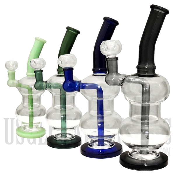 WP-2132 9" Double Bubble Water Pipe + Bent Neck + Stemless | Colors Come Assorted