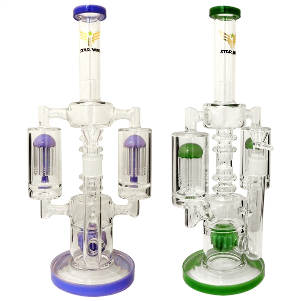 WP-2167 15" Star Wing Water Pipe + Dome Perc + 2 Chambers + 2/8 Tree Percs + Stemless | Colors Assorted