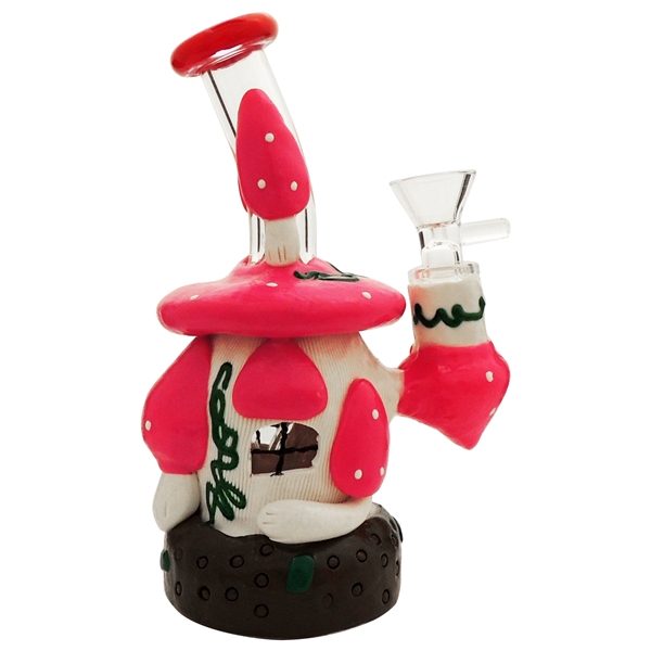 WP-508-Pk 7" Mushroom Home Water Hand Pipe + Stemless + Dome Perc | Pink White