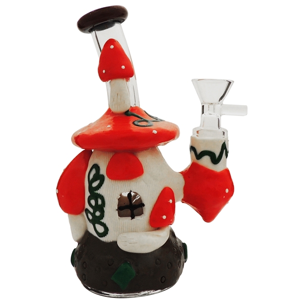 WP-508-R 7" Mushroom Home Water Hand Pipe + Stemless + Dome Perc | Red White