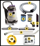 ProTeam 107131 ProGuard 20 commercial 20 gallon stainless steel wet/dry vacuum on casters with hose, wand, squeegee and accessory tools.