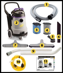 ProTeam 107131 ProGuard 20 commercial 20 gallon stainless steel wet/dry vacuum on casters with hose, wand, squeegee and accessory tools.