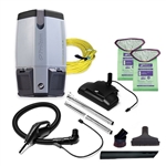 ProTeam 107461 ProVac FS 6 backpack vacuum with Commercial Power Nozzle Kit on white background.